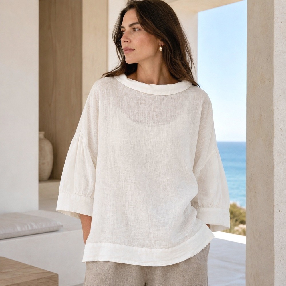 Amina Rubinacci Oversized Linen Blouse Size M White Relaxed Coastal Luxury Italy
